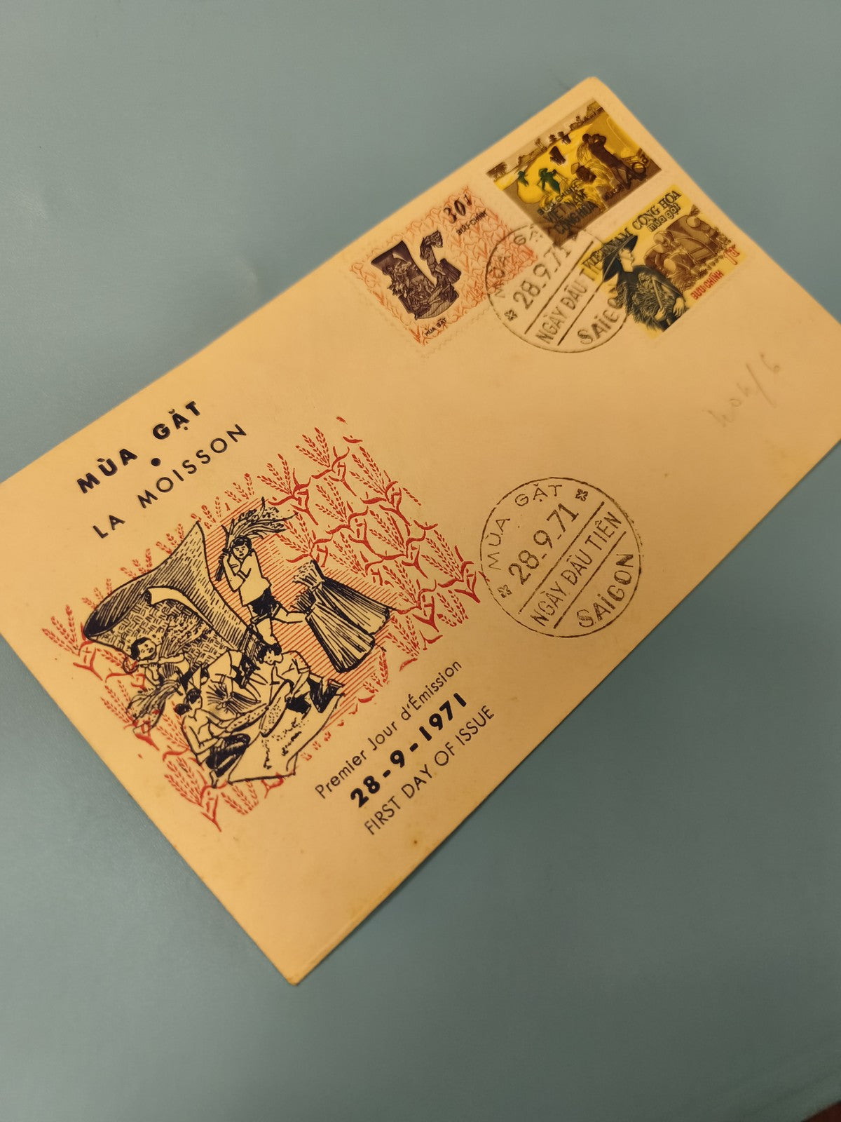 Ancienne enveloppe FDC Vietnam 1971 timbres Mùa G?t La Moisson premier jour