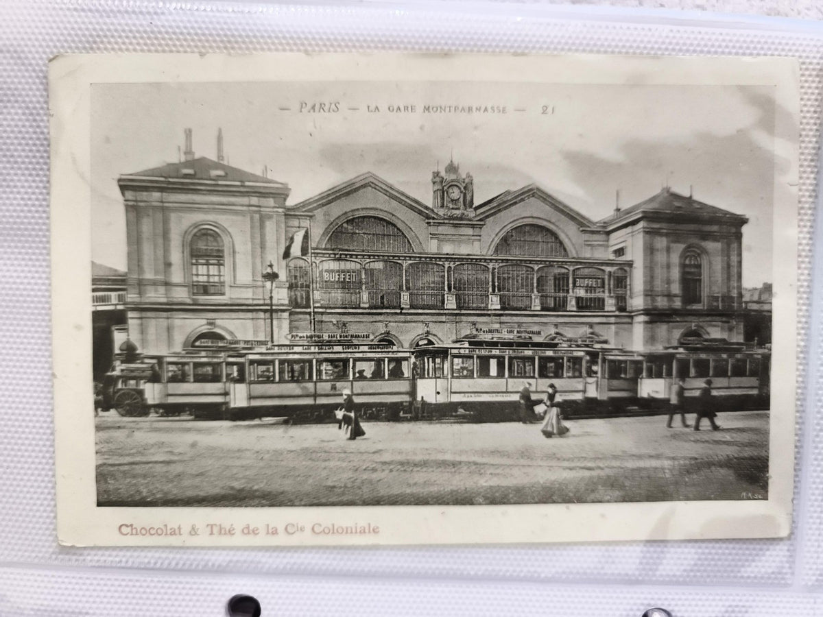 CPA Paris Gare Montparnasse tramway Chocolat Thé Cie Coloniale