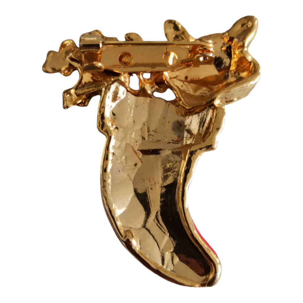 Broche vintage chat Noël doré sur botte rouge émaillée pin métal doré