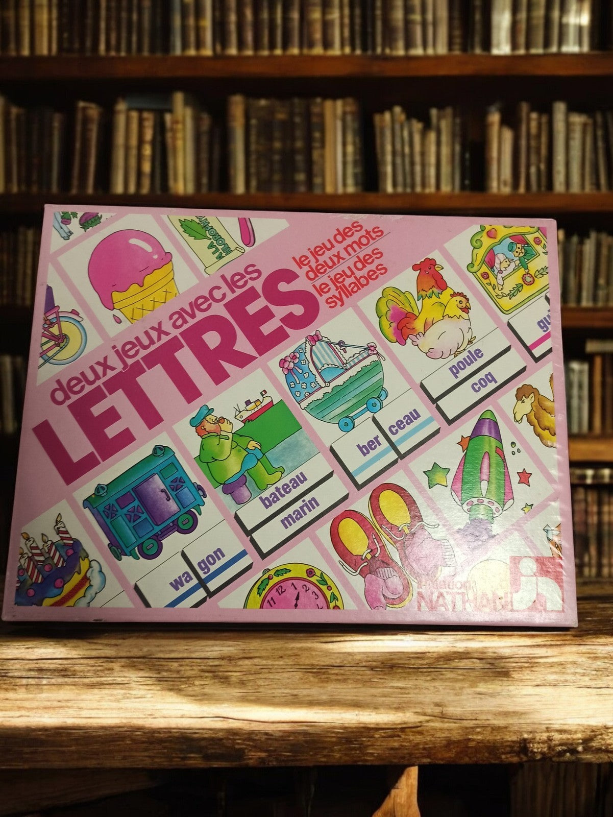 Jeu de société vintage Deux Jeux avec les Lettres ancien boîte rose éducatif