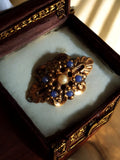 Broche vintage dorée cabochons bleus perle style rétro bijou fantaisie chic