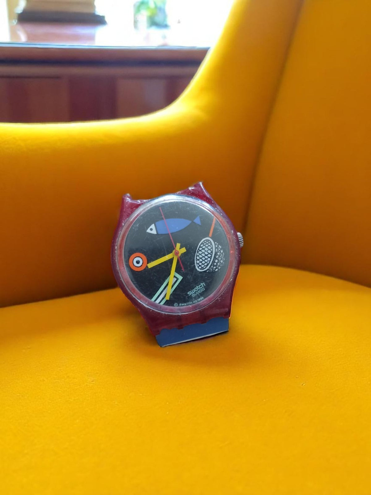 Women's vintage Swatch watch, multicolored abstract pattern, collector's item