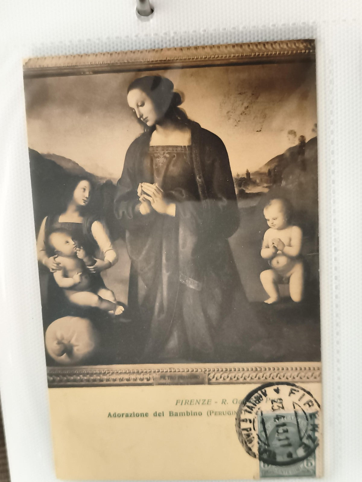 Carte postale ancienne Adorazione del Bambino Perugino Firenze vierge timbrée