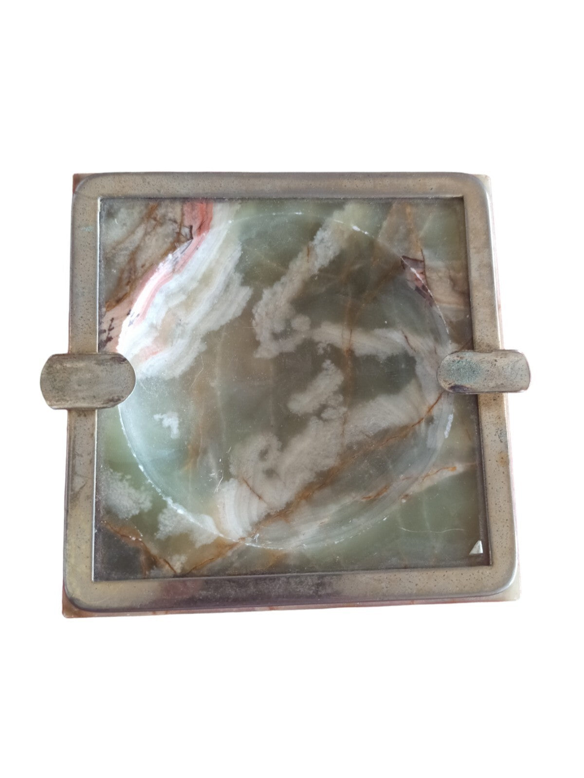 Cendrier carré Art Déco en onyx vert et métal, vintage, vide poche ancien