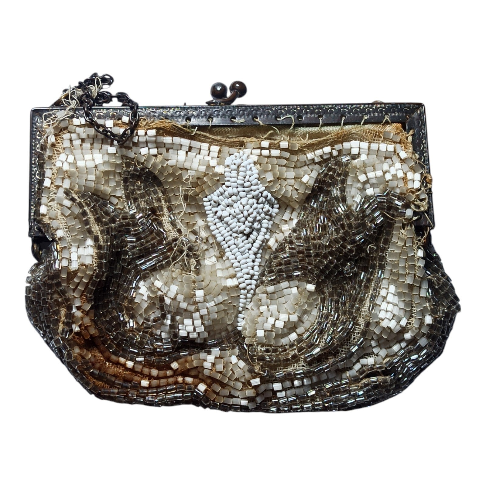 Sac à main ancien brodé perles sequins Art Déco vintage, motif géométrique rare
