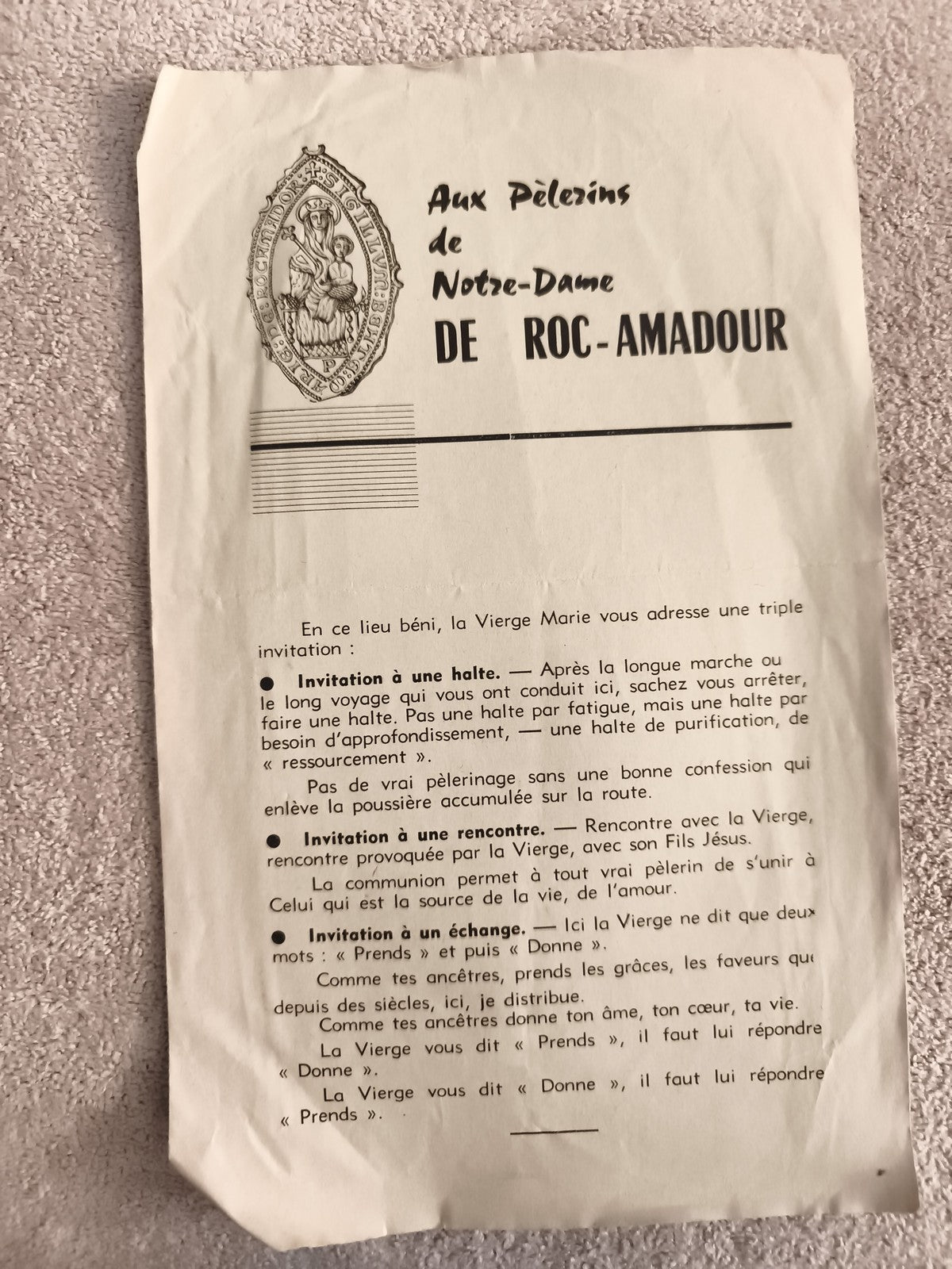 Document religieux Notre-Dame de Rocamadour prière pèlerinage papier illustré