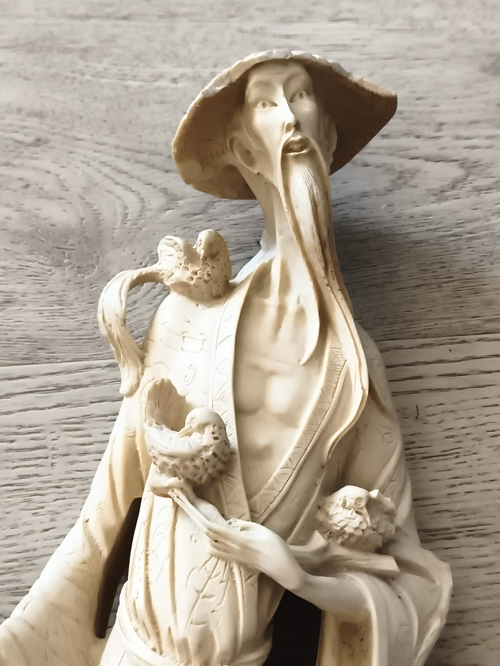 Statue vintage asiatique en résine, sage chinois, socle noir, grande figurine dé