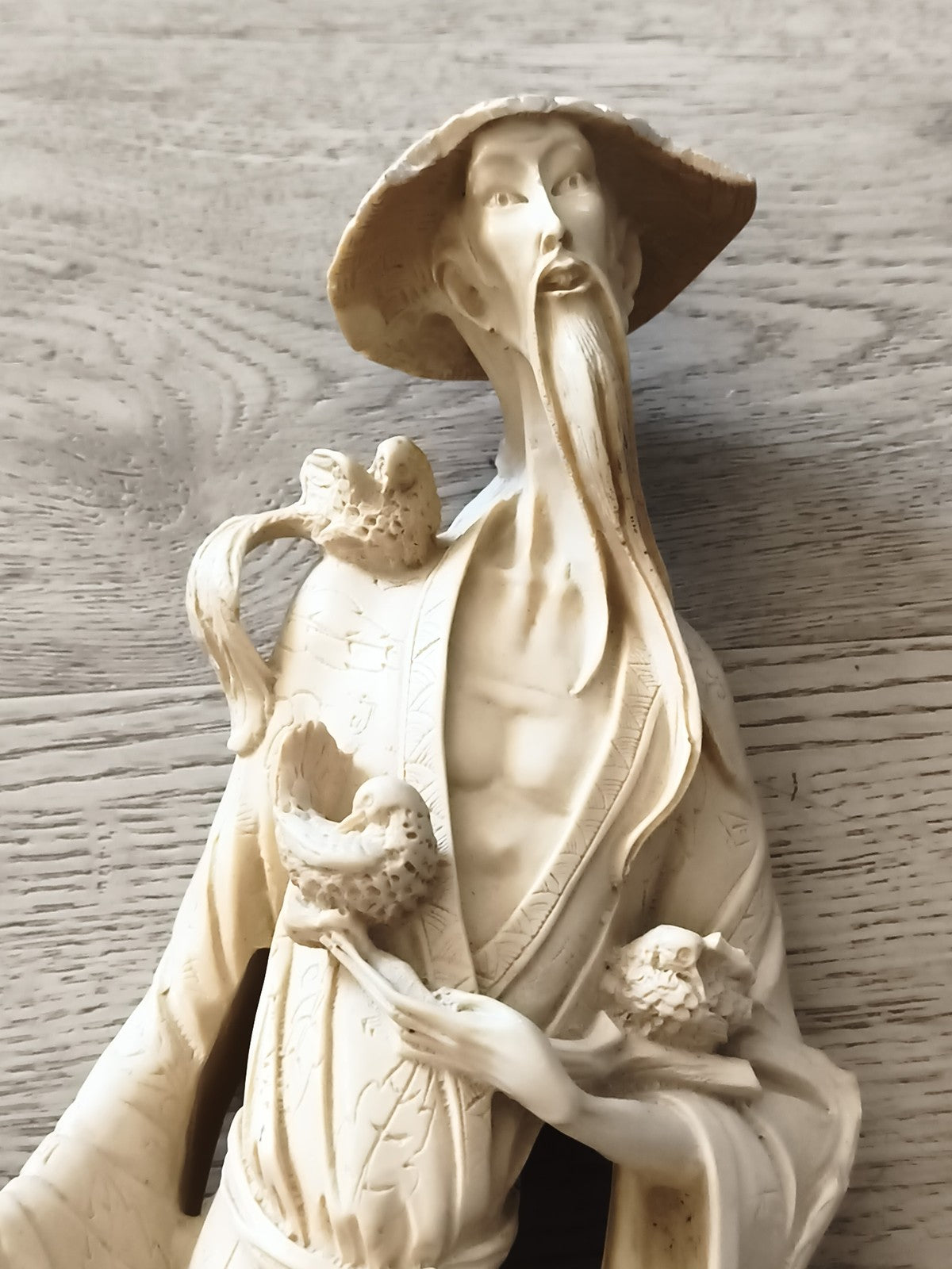 Statue vintage asiatique en résine, sage chinois, socle noir, grande figurine dé