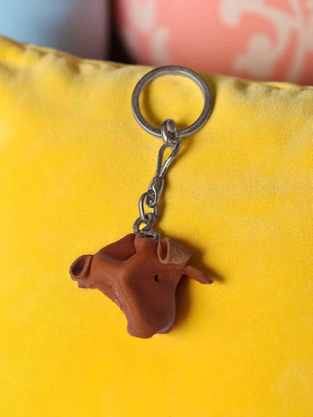 Porte-clés vintage tête de vache cuir marron rétro accessoire animalier