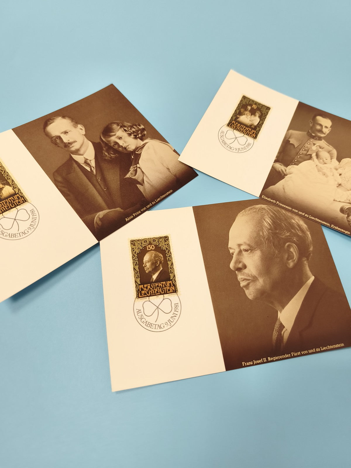 Lot de cartes postales timbrées Liechtenstein, portraits historiques, oblitérées