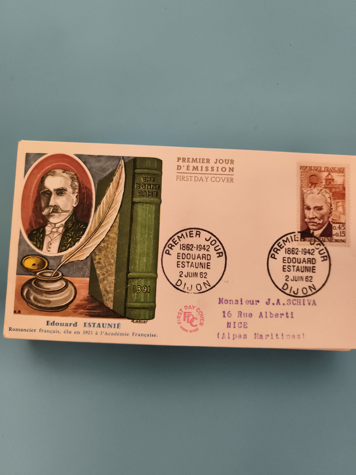 Lettre premier jour Édouard Estaunié 1962 Dijon philatélie FDC illustrée
