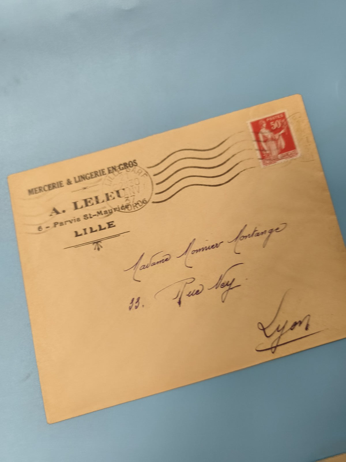 Ancienne enveloppe oblitérée début XXe philatélie A. Leleu Lille Lyon