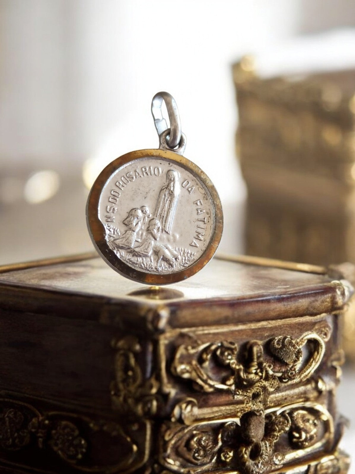 Médaille Religieuse Vintage NS do Rosário de Fátima en métal, pendentif ancien