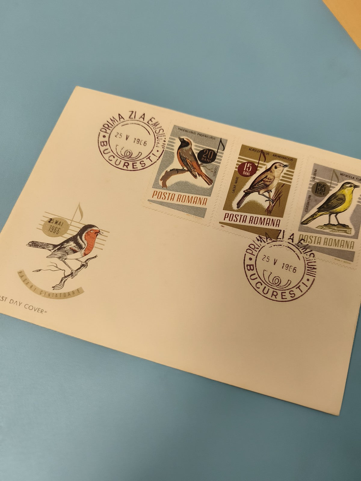 Enveloppe FDC premier jour Bucarest 1986 timbres oiseaux Posta Romana