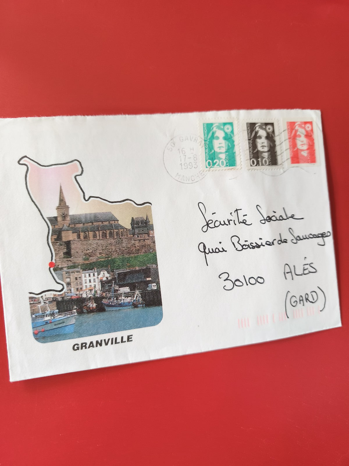 Enveloppe philatélie Granville avec timbres Marianne oblitérés 1993