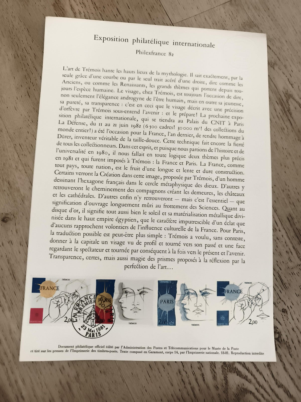 Carte souvenir philatélie Philexfrance 82 Trémois timbres France Paris