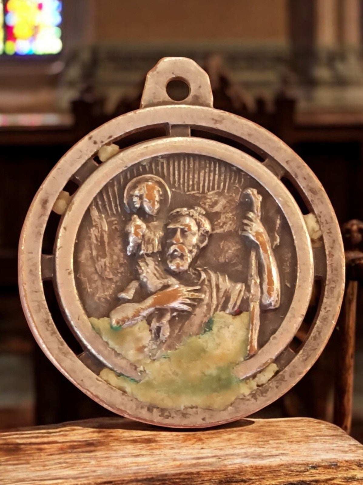 Médaille religieuse métal argenté ancien St Christophe vintage