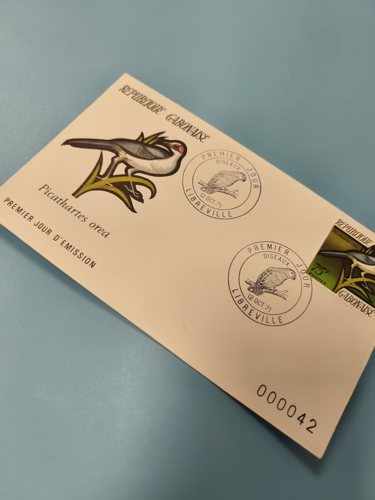 Enveloppe FDC Gabon Picathartes orea timbre premier jour d?émission oiseau