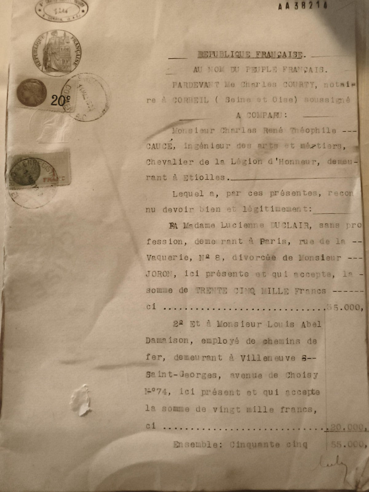 Document notarié ancien République Française timbres fiscaux Corbeil 20c