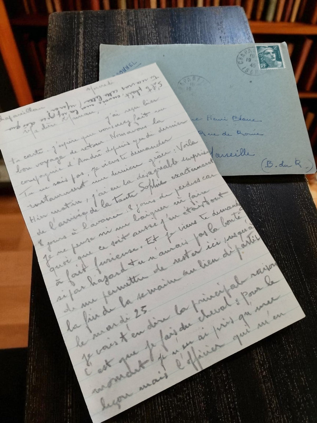 Lettre manuscrite ancienne 1945 + enveloppe timbre RF Marseille vintage