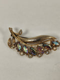 Broche ancienne vintage plaqué or avec strass rétro, bijou collection occasion