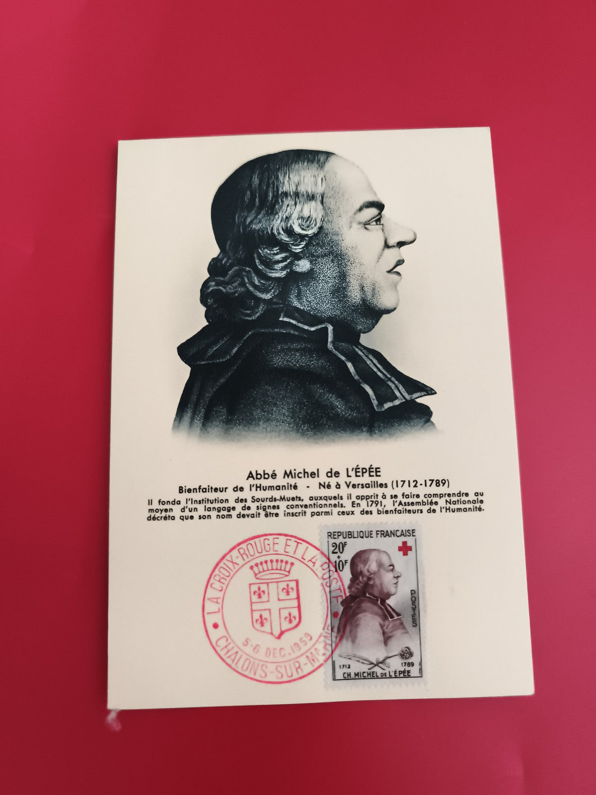Carte maximum Abbé Michel de l’Épée Croix-Rouge 1959 philatélie France (Ref 1)