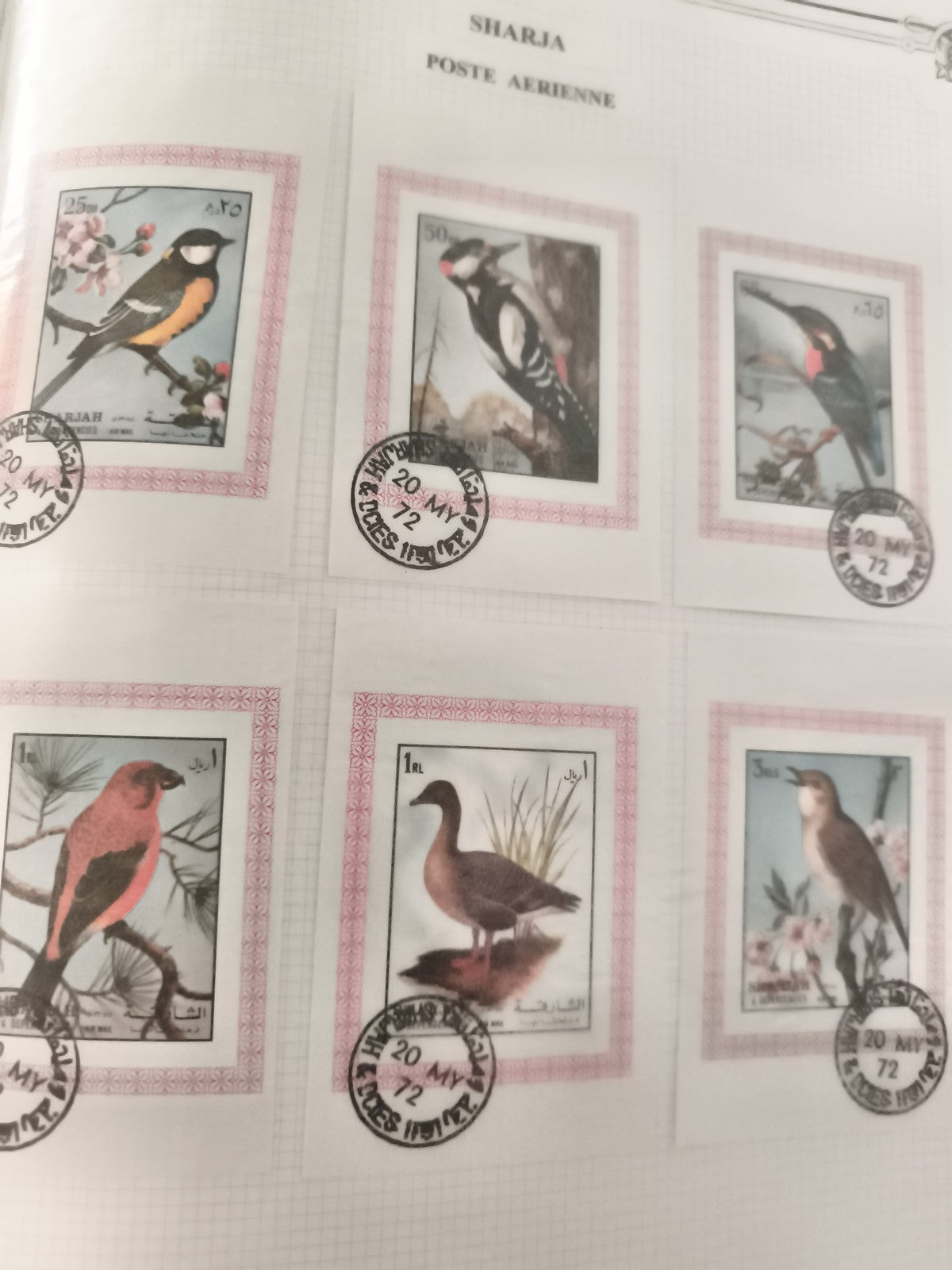 Timbres oiseaux Sharjah Poste Aérienne 1972 oblitérés philatélie