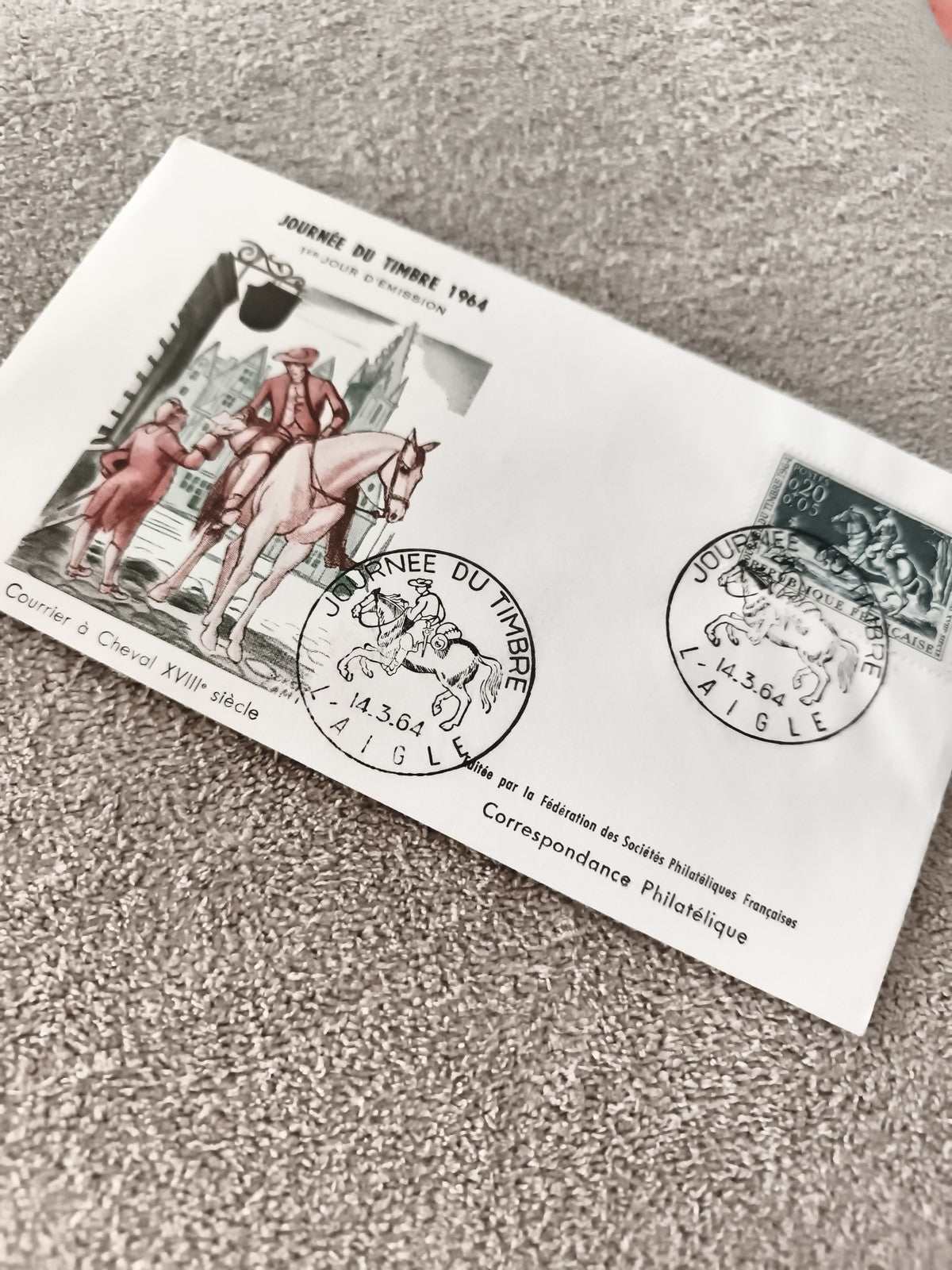 Lettre 1er jour Journée du Timbre 1964 Cheval XVIIIe siècle oblitération L'Aigle