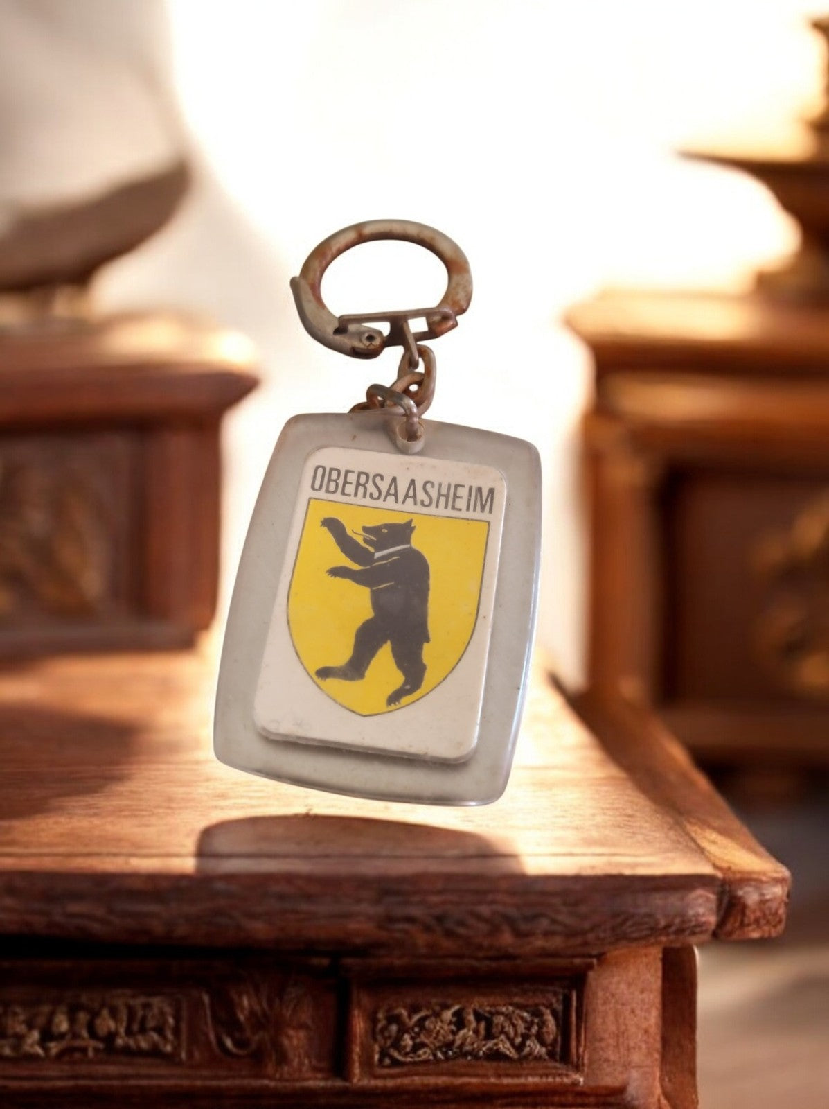 Porte-clés vintage Obersaasheim blason ours ancien publicitaire rare