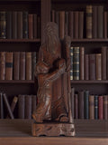 Statue asiatique ancienne en bois sculpté, sage et enfant, vintage déco