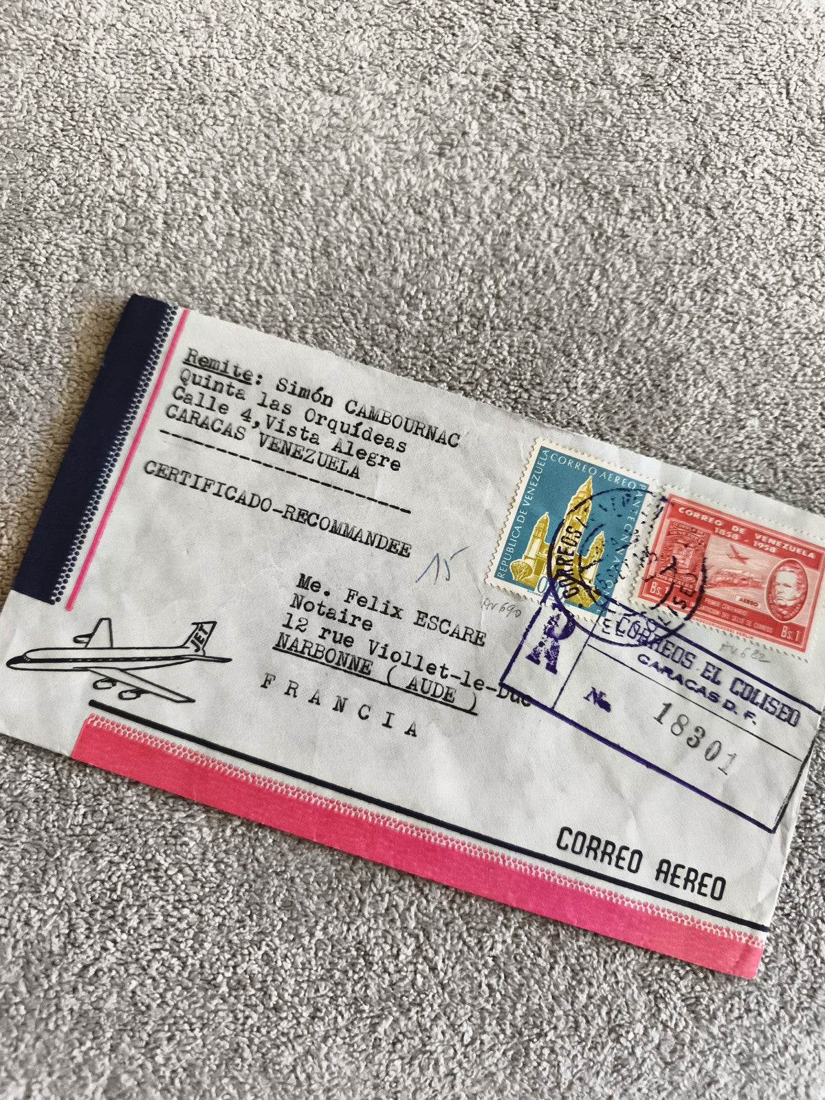 Lettre recommandée Venezuela France affranchie timbres avion Correo Aéreo philat