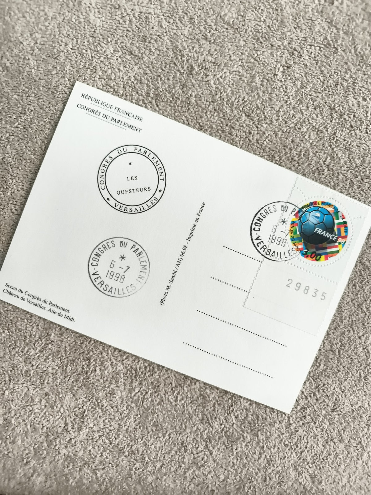 Carte postale Congrès Parlement Versailles 1998 timbre football philatélie