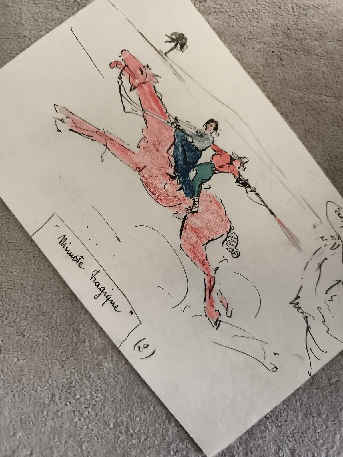 CPA dessin Minute Tragique cheval cavaliers encre aquarelle illustration