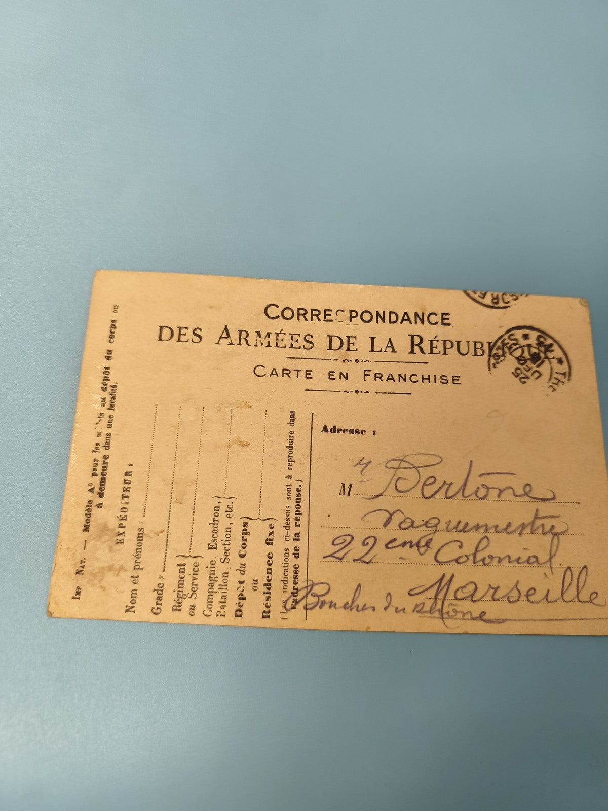 Ancienne carte militaire philatélie Armées de la République, franchise, France