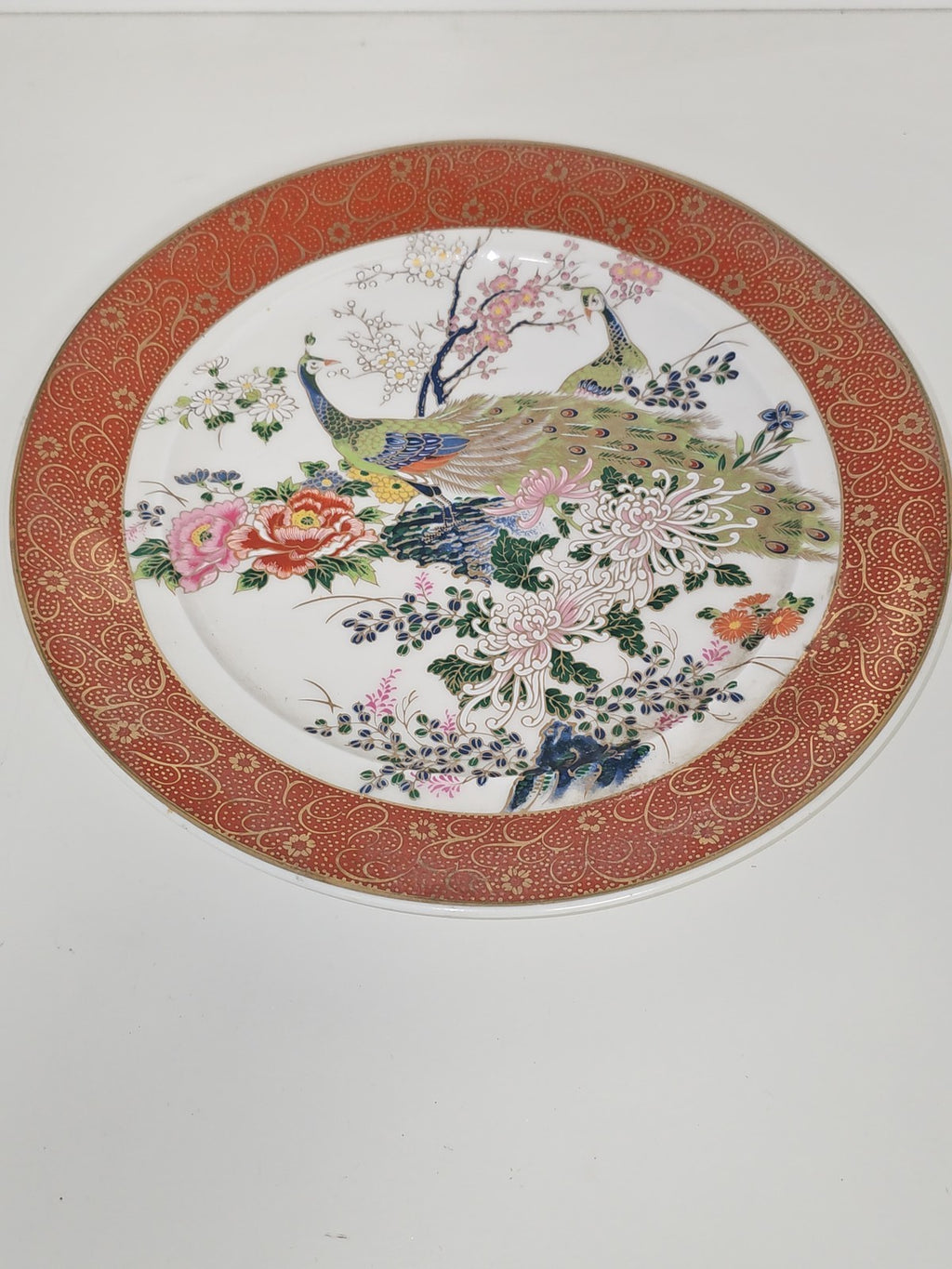 Grande assiette décorative japonaise paons fleurs dorée cachet rouge Made in Jap