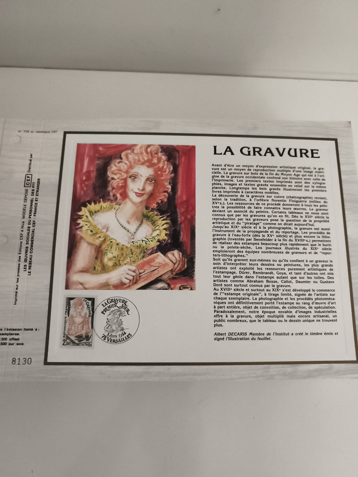 Feuillet philatélique CEF La Gravure 1994 timbre oblitéré illustré
