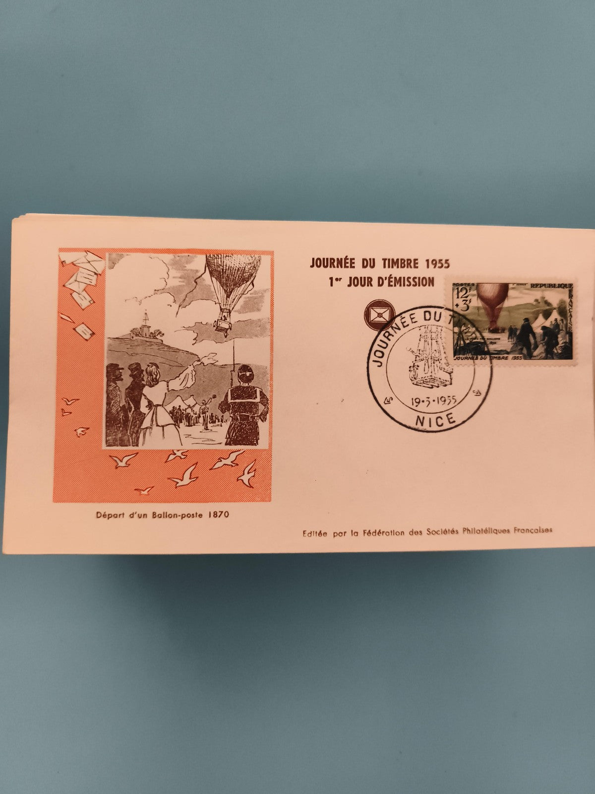 Lettre 1er jour 1955 Journée du Timbre ballon Nice philatélie (Ref 2)