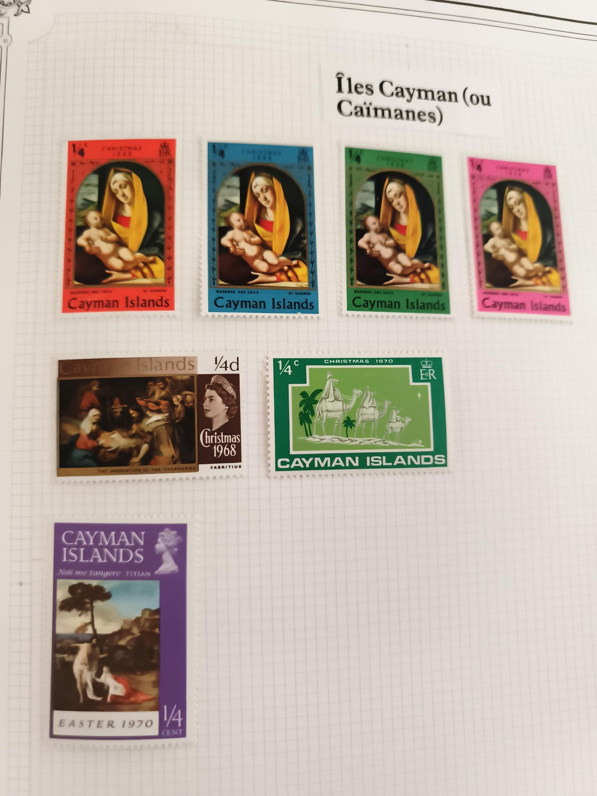 Timbres anciens Cayman Islands lot x7 Noël 1968 1970 couleurs variées philatélie