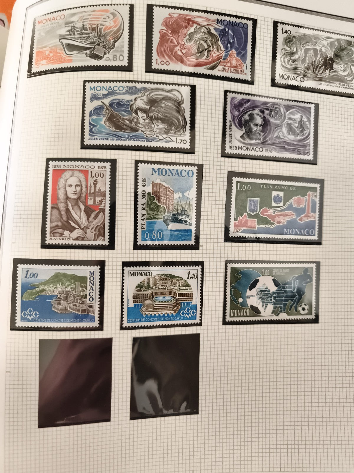 Timbres Monaco Jules Verne, Vivaldi, Congrès, sport, plan, lot philatélie