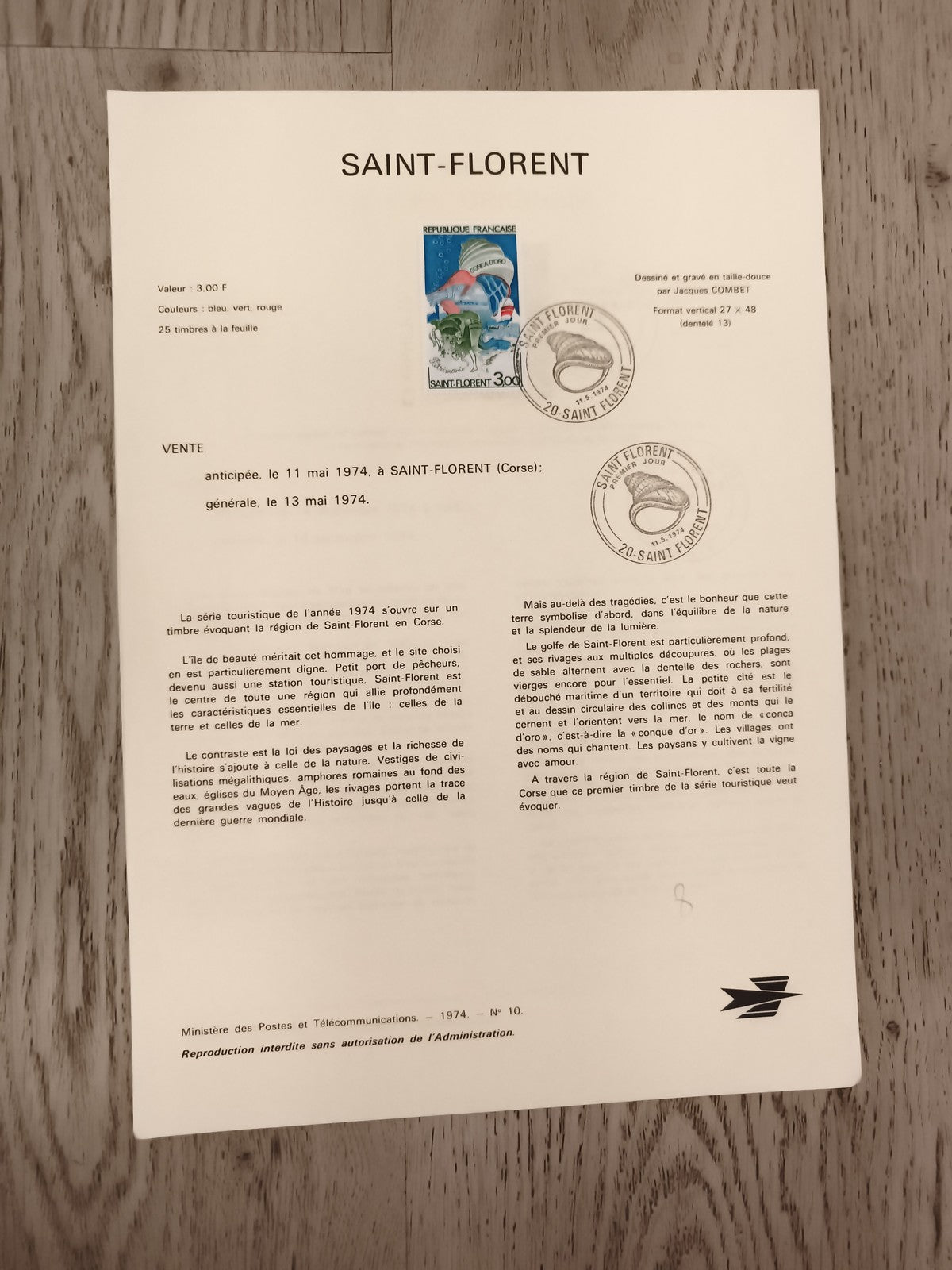 Feuillet philatélique SAINT-FLORENT 1974 timbre France 3F Corse oblitéré