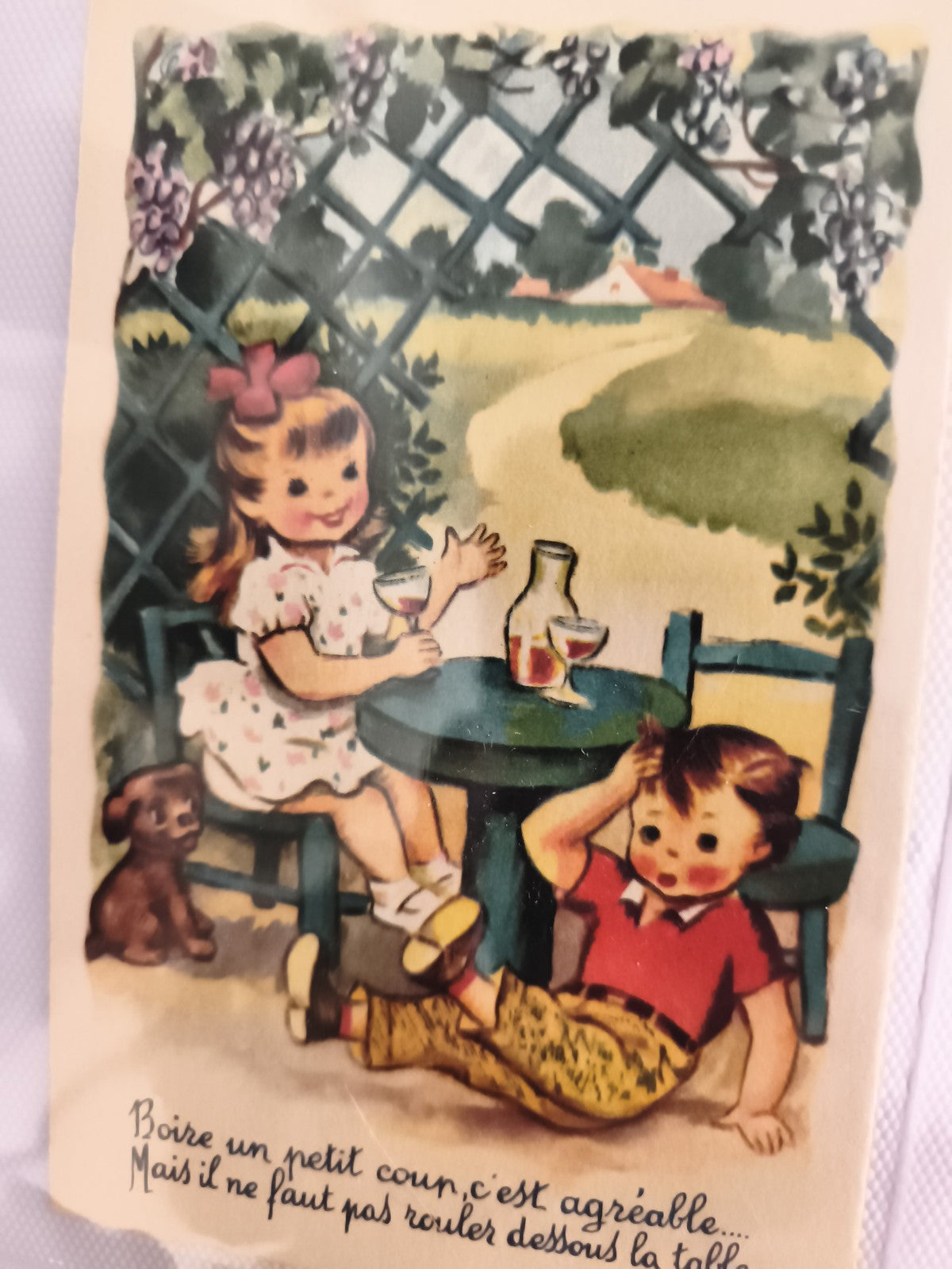 Carte postale ancienne illustrée enfants humour vintage – scène bistrot colorée