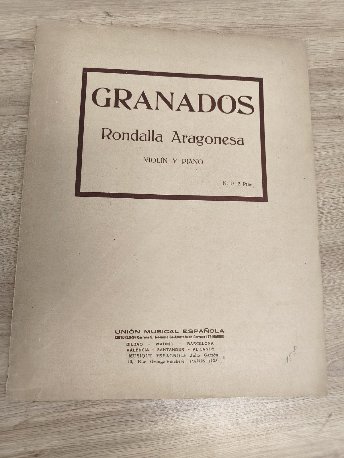 Ancien livre partitions Granados violon piano Rondalla Aragonesa Espagne