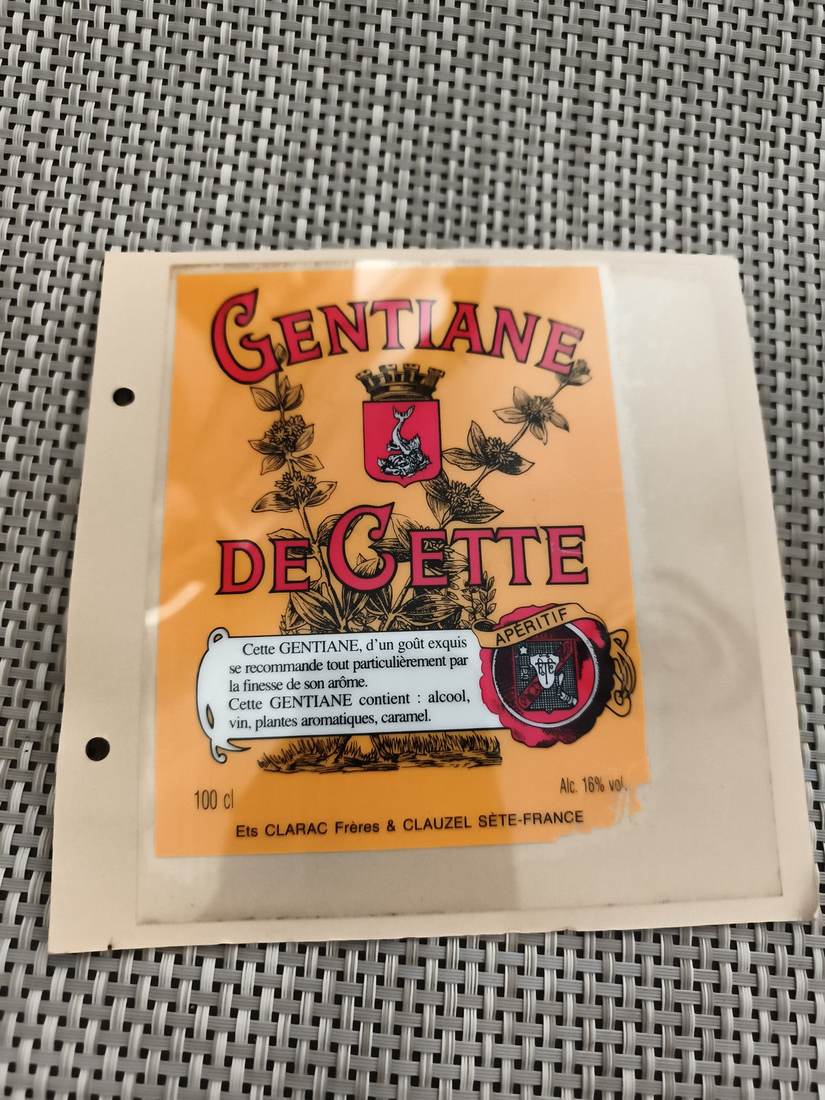 Étiquette apéritif Gentiane de Cette orange 100 cl Clarac Sète France