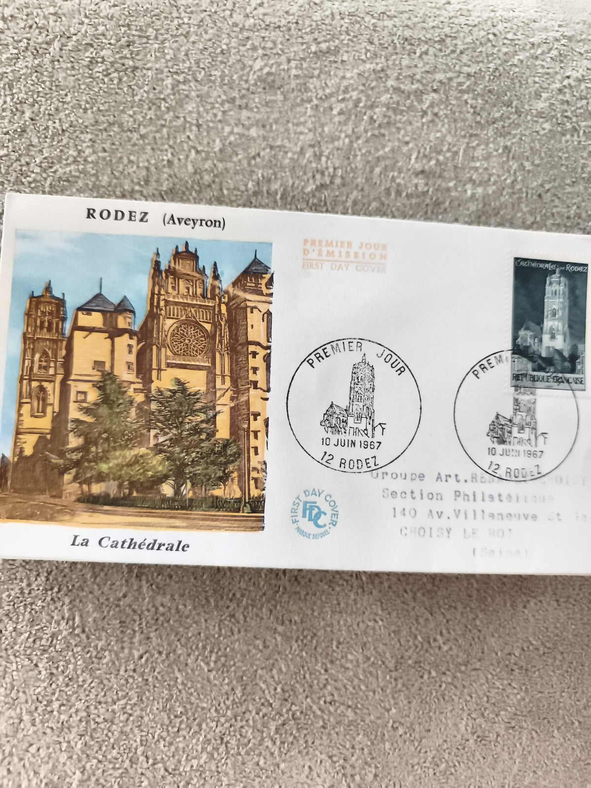 Lettre premier jour Rodez cathédrale 1967 FDC philatélie ancien cachet