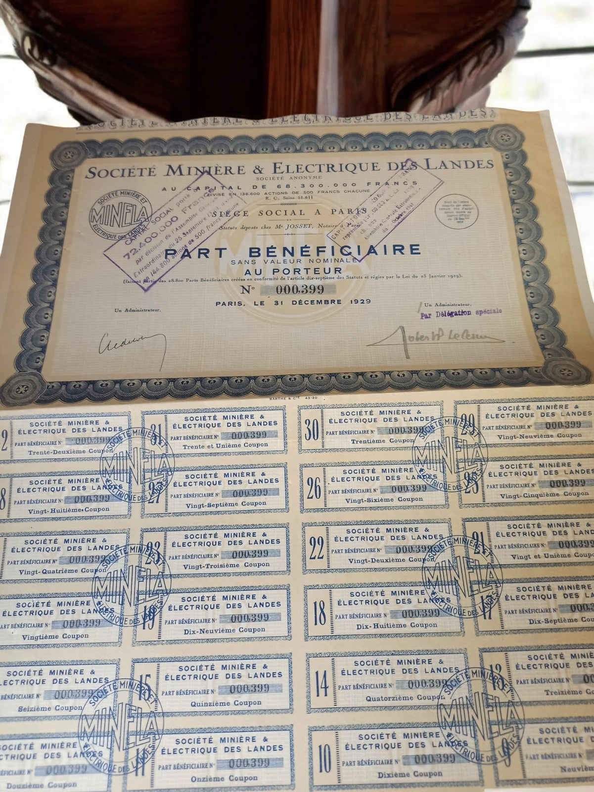 Part bénéficiaire au porteur Société Minière Électrique Landes 1929 ancien titre