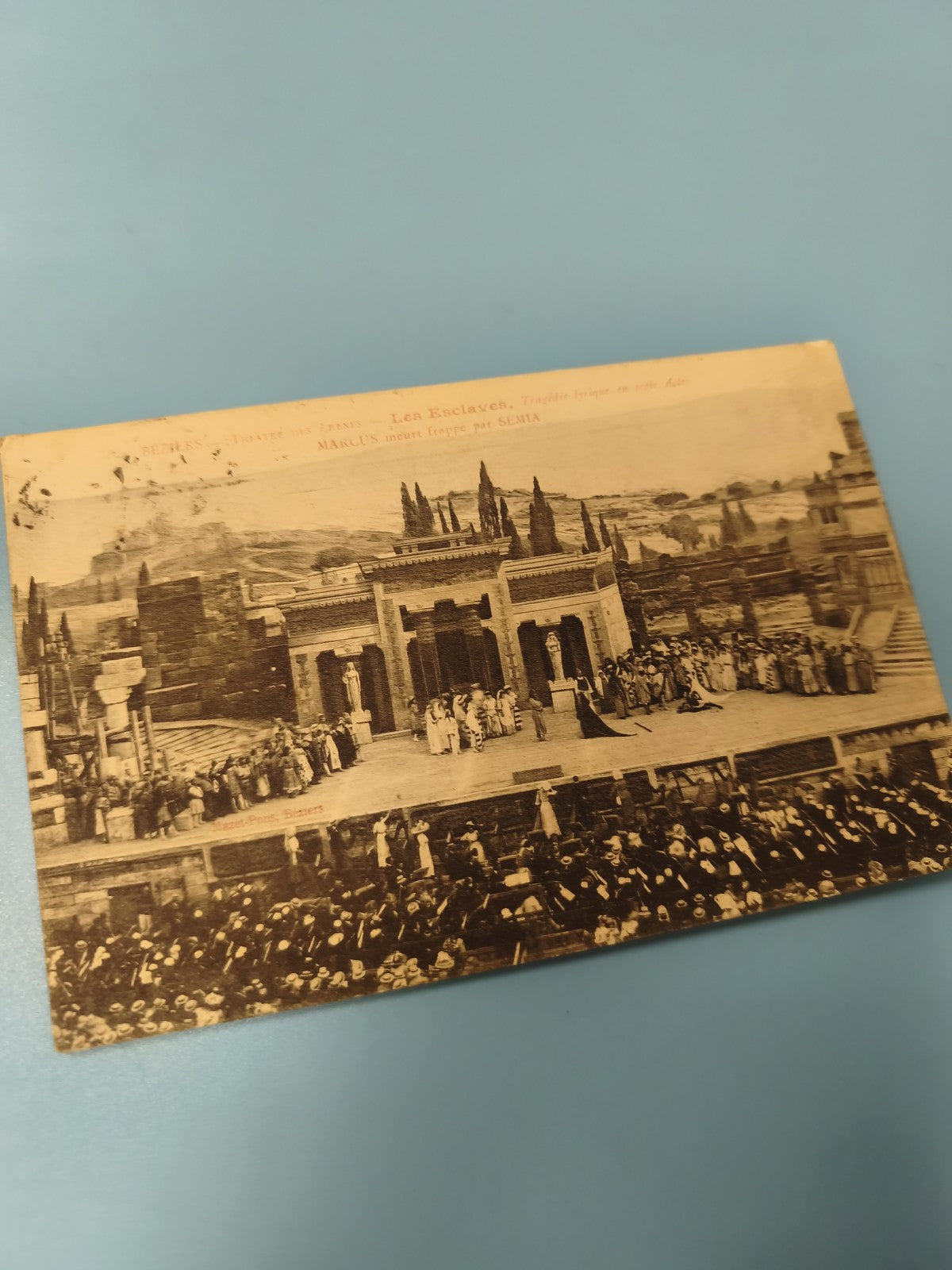 Ancienne carte postale animée théâtre antique, Beziers Les Esclaves, rétro