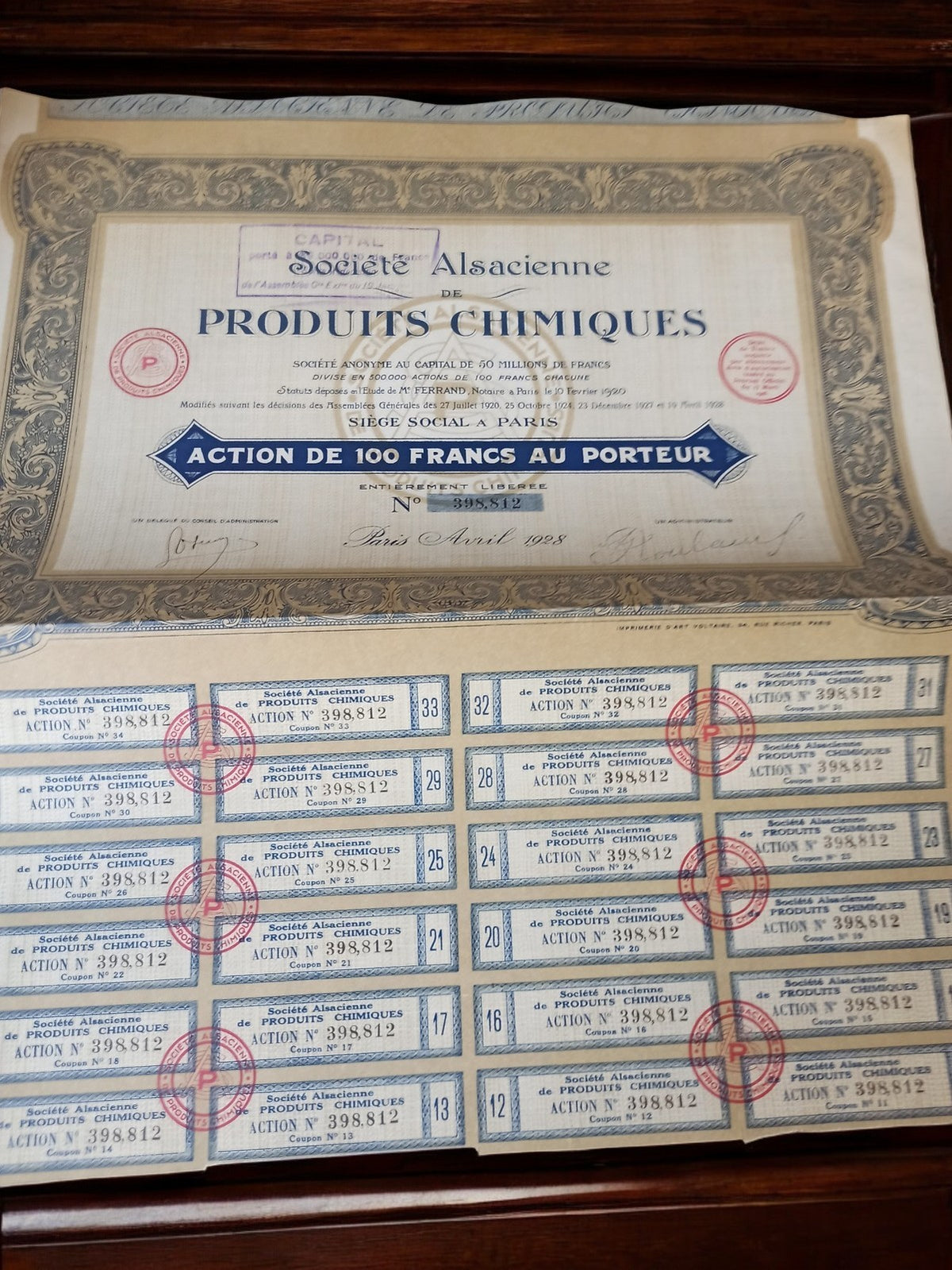 Action porteur 100 francs Société Alsacienne Produits Chimiques 1928 vintage