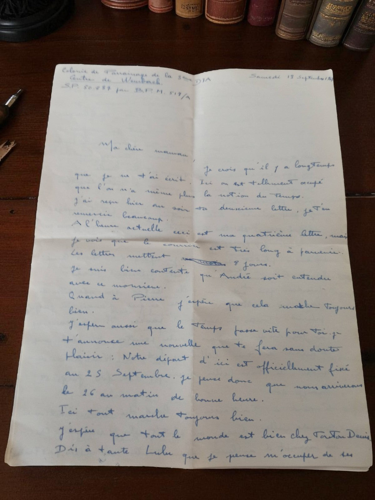 Lettre manuscrite ancienne 1947 post-WW2 à sa mère bleu vintage papier