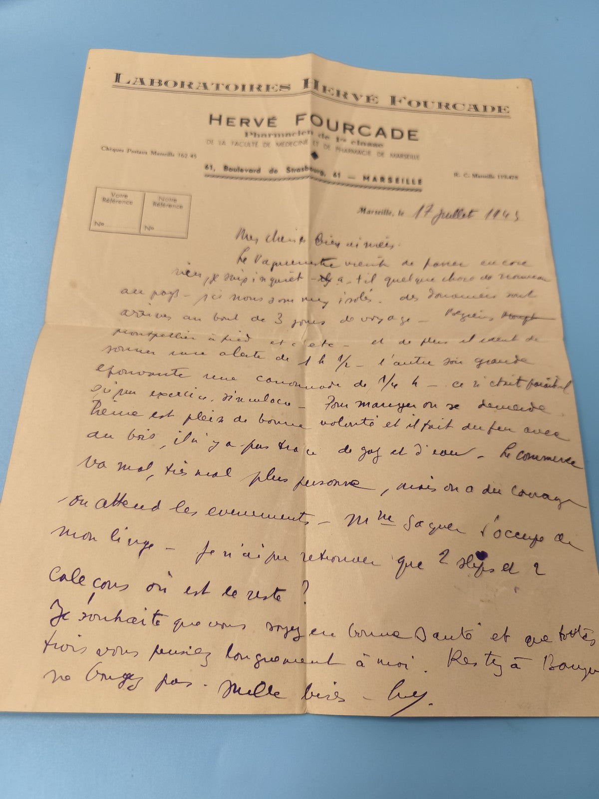 Ancienne lettre manuscrite 1943 Laboratoire Fourcade Marseille papier vintage