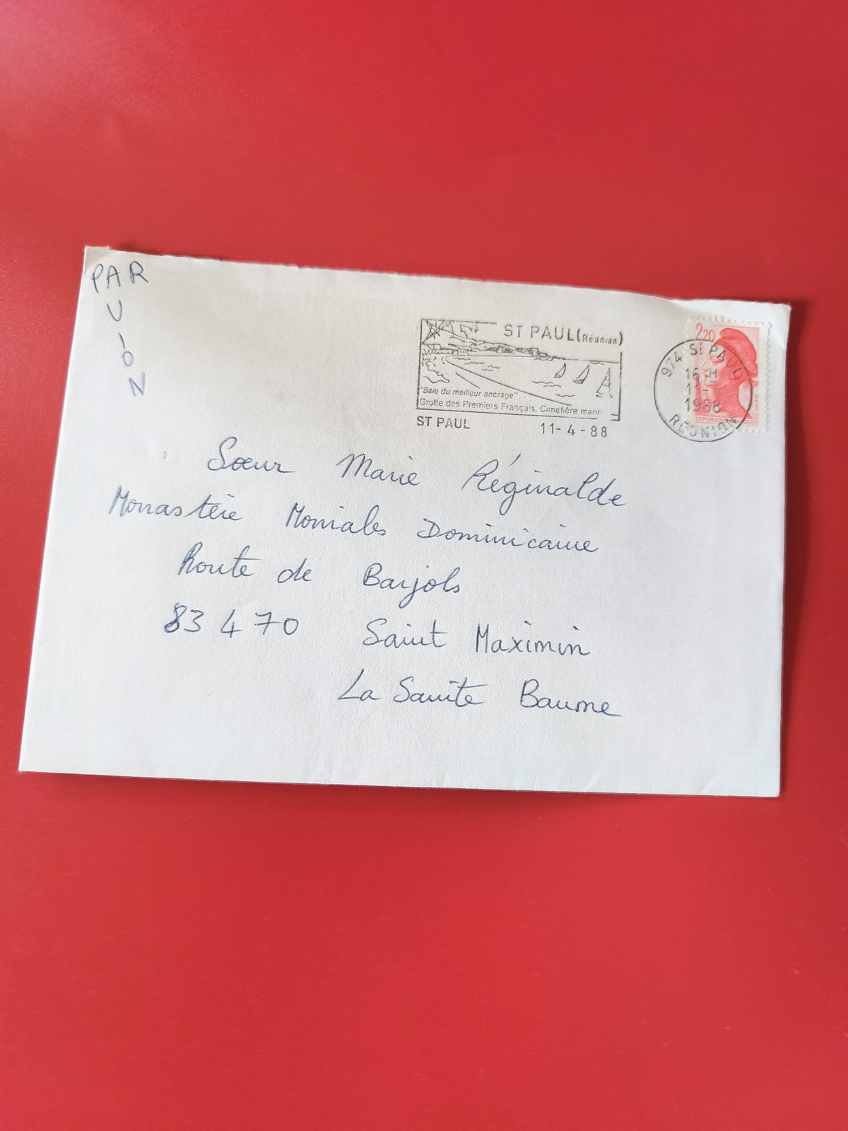 Enveloppe philatélie oblitérée St Paul Réunion timbre rouge avion manuscrite